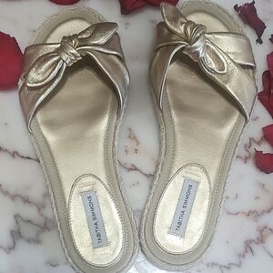Tabitha Simmons Gold Slide Sandals with Knot Detail
